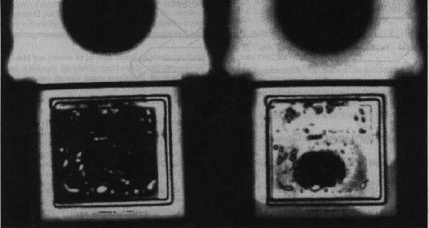 Photograph showing good adhesion (on the left) and bad adhesion (on the right) for a TO-220 package before and after thermal cycling.