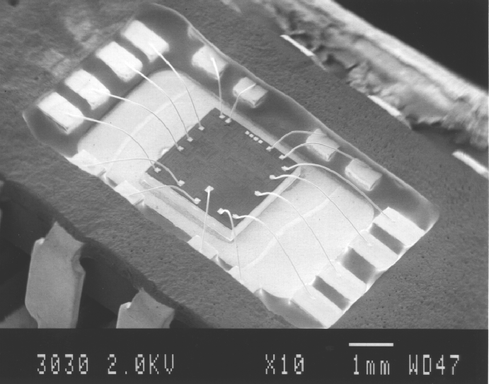 Shows a CERDIP package which was decapsulated by breaking the cover off the package. Photo courtesy of Analytical Solutions, Inc.