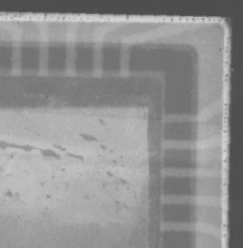 X-ray image showing porosity evident in the fillet region of a ceramic package sealed with a metal lid. This porosity was not typical, and indicated a material problem. (Courtesy Sandia Labs).