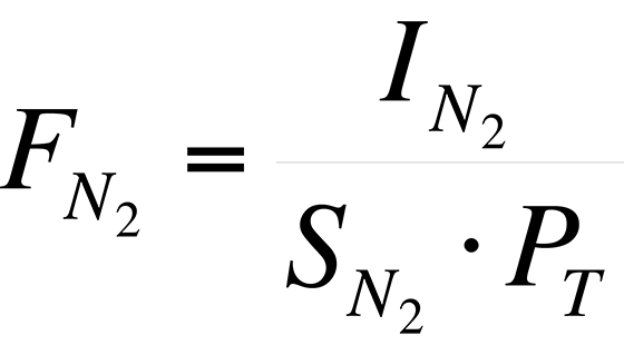 Example equation used to calculate the fraction of component N sub 2 in the sample.